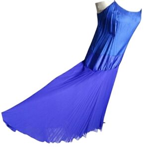 Vtg Maxi Slip Dress Flowy Royal Blue Silk Y2K Pixi Fairy Crepe Sheer Satin Event